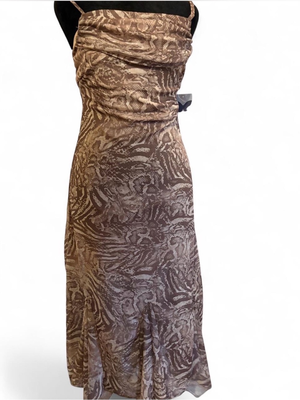 Brown Animal-Print Midi Slip Dress with Cowl Neckline